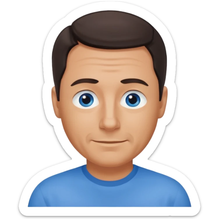 Middle aged man with tanned skin, receding dark hair and no beard, blue eyes, shy smile sticker