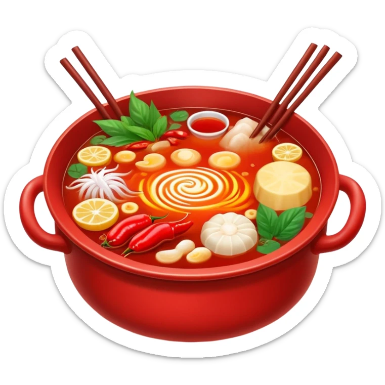 Chinese hot pot, bubbling red spicy broth with variety of ingredients, emoji style sticker