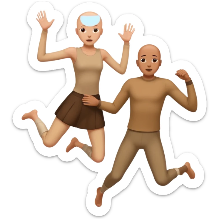 a bald brown person jumping over a skinny very pale person to protect her  sticker