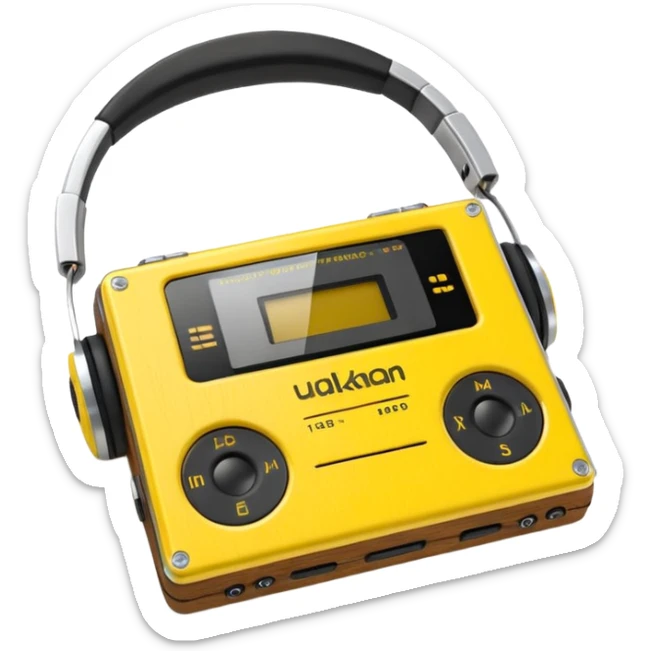 3D render of Walkman, vintage 1980s audio equipment aesthetic, tactile analog buttons, bright sports yellow plastic case with black foam headphones, mixed wood grain and brushed aluminum textures, Apple emoji style, isolated on white background --v 6.0 sticker