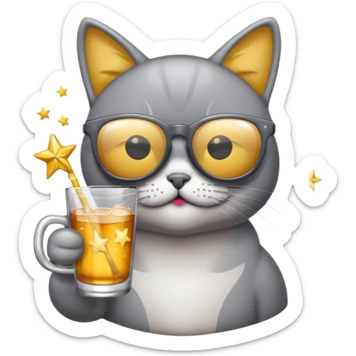 Fait un chat gris avec des lunettes de stars et avec un verre d alcool qui fait la fête sticker