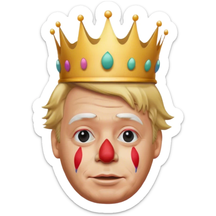 highly detailed, photorealistic Donald Trump as a clown no neck or body, face slightly turned to the right. Skin texture, lighting, and facial details should be ultra-realistic, resembling a professional 3D render must look exactly like him. Transparent background. tiny cartoon crown on his head

 sticker