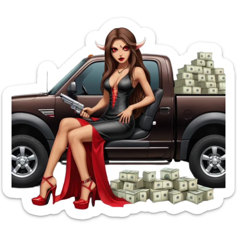 Lilith symbol red eye seductress evil long brown haired sexy succubus woman with leather long dress with slit on, sitting in Big Large F350 pickup truck. Platform long high heels on feet. Back seat full of stacks of cash, she is  Holding a man dead human skull of her enemies and a gun in other hand sticker