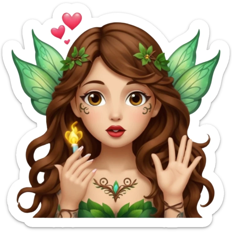 forest fairy woman long wavy brown hair tattoos blowing glowing kiss sticker