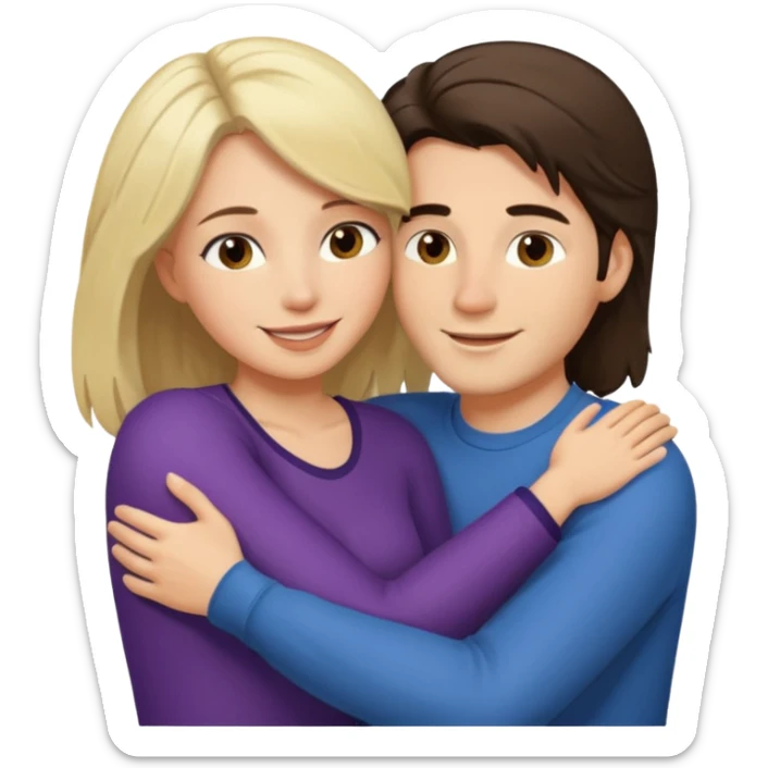 A happy boyfriend and girlfriend hug. She is brunette sexy with long hair. He is blonde short hair sticker