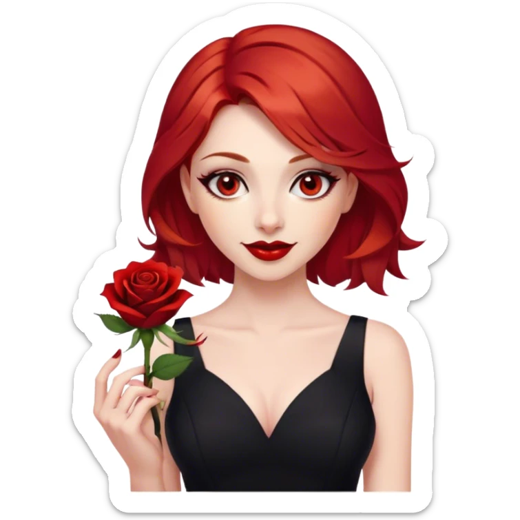 a beautiful woman with red hair and red eyes. The woman wear a black little cutted dress. She have red lipstick and she have a seductive look and smile. She have a rose flower in her hair sticker