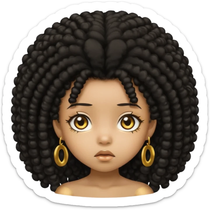 Create a black chibi girl with long afro hair and beautiful gold eyes give her a confusing expression  sticker