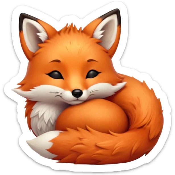 Cinematic cute sleepy fox, curled into a cozy fluffy ball, warm glowing fur, tiny black nose resting on its tail, soft breathing visible, peaceful and charming. sticker