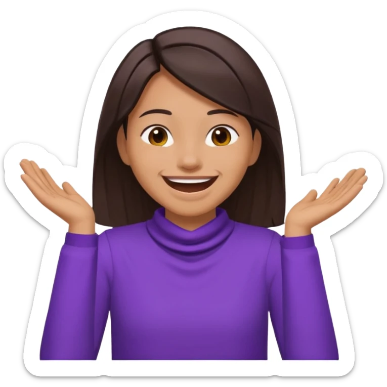   make a emoji with a person holding their arms around they’re neck and laughing  tan skin with dark brown straight hair and the basic purple shirt and a bit of the upper body sticker