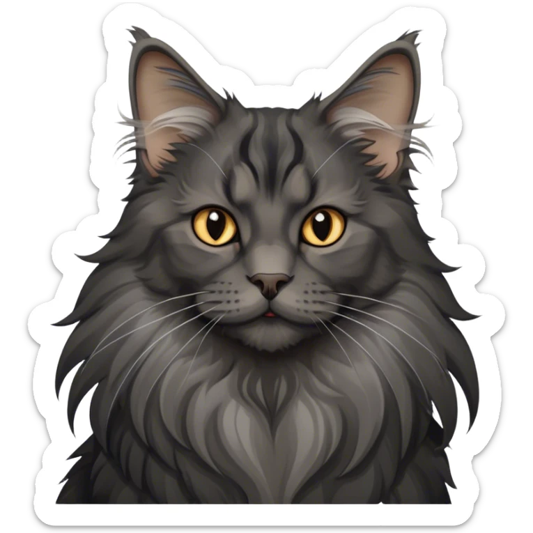 Portrait of a black smoke Maine Coon cat with long grey ear tufts and a large grey ruff around its neck. The cat has a majestic expression, with fluffy fur and striking eyes. Transparent background. sticker