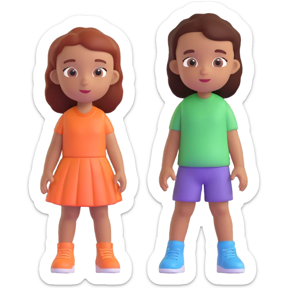 Slightly increase the volume of the upper body of the girl, separate the girl and the boy from each other, make the skin color the same for both characters. Keep the cartoonish 3D style. Keep the background transparent. sticker