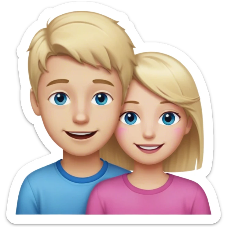 dirty blonde boy with blue eyes smiling with mouth closed next to girl with blonde hair and a few pink highlights and brown eyes also smiling sticker