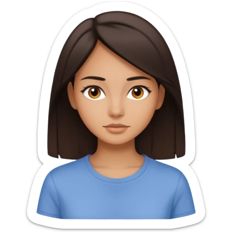 Koyu saçlı, genç bir kadın. Ten rengi buğday. Gözleri kahverengi. Saçları düz (veya kıvırcık) ve orta uzunlukta. Soft makyajlı, sade stil. sticker