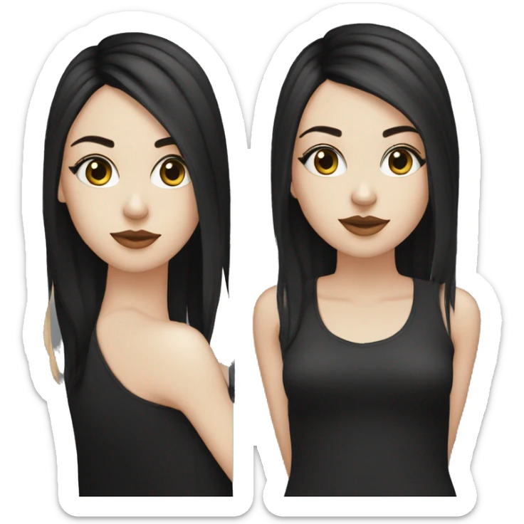 A white girl with black eyes with middle length hush cut black hair and wearing black clothes and  sticker