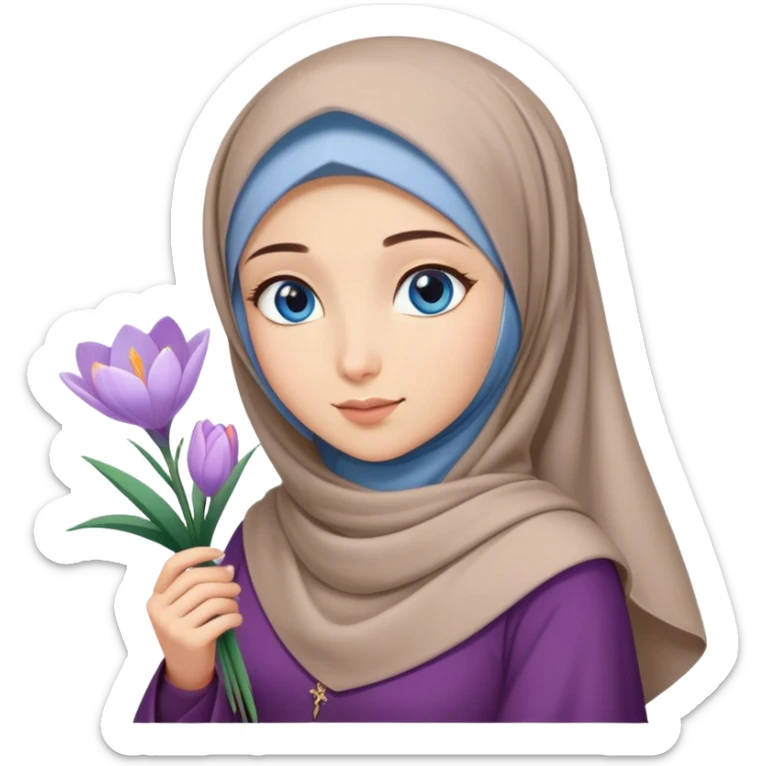 Turkish beautiful finish Konya girl blue eyes with crocus flower hijab long tail dress and hold crocus flower on hand  sticker