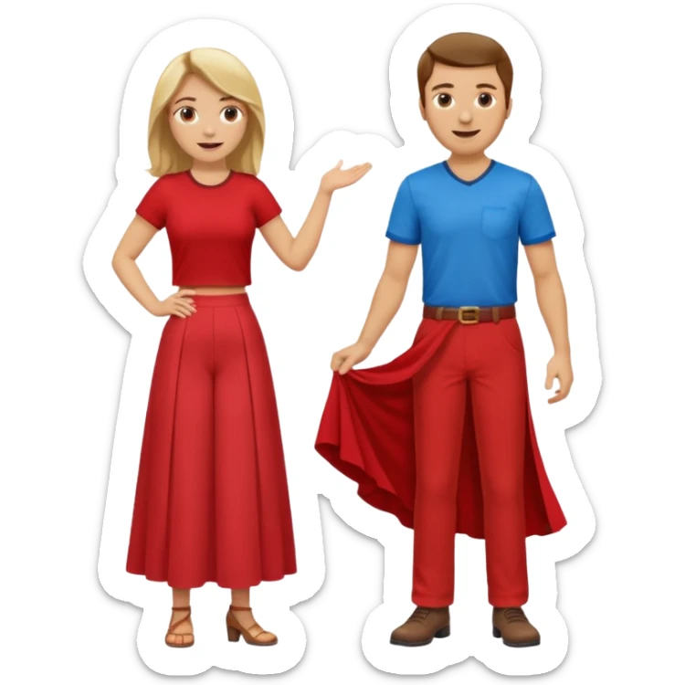 Two people dancing. Man in red shirt and  red pants with brown hair. Women in blue shirt and long skirt with blond hair. Having fun. sticker