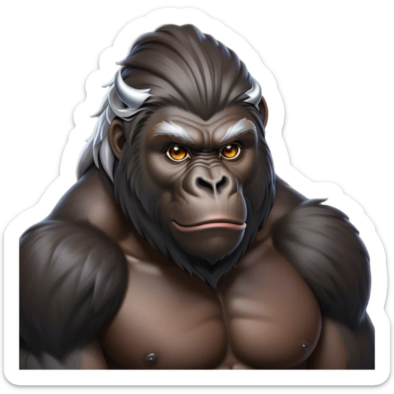 Cinematic Noble mountain Gorilla Portrait Emoji, Poised and majestic, with a powerful, muscular frame accentuated by a distinguished silver mane and piercing, wise eyes, Simplified yet sharp and sophisticated features, highly detailed, glowing with a soft, regal jungle glow, high shine, intelligent and commanding, stylized with an air of imperial strength, focused and resolute, soft glowing outline, capturing the essence of a watchful guardian that feels as though it could step out of the screen with effortless authority! sticker