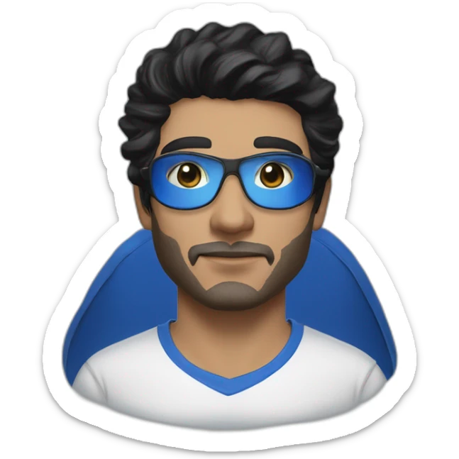 A man with gray eyes, black hair, wearing an eye mask and a Al Hilal Club T-shirt His color is blue and his skin color is white  sticker