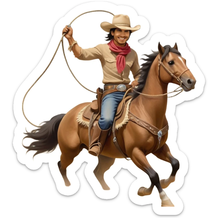 clash-of-clans-aesthetic_-cinematic-playful-cowboy-portrait-emoji, head-tilted with a roguish, cheeky grin and twinkling eyes, featuring a wide-brimmed cowboy hat and a weathered bandana on tan skin, riding a powerful galloping horse with dynamic flowing mane, reins gripped firmly in one hand and a lasso in the other, as dust swirls behind them in a vast desert landscape. sticker