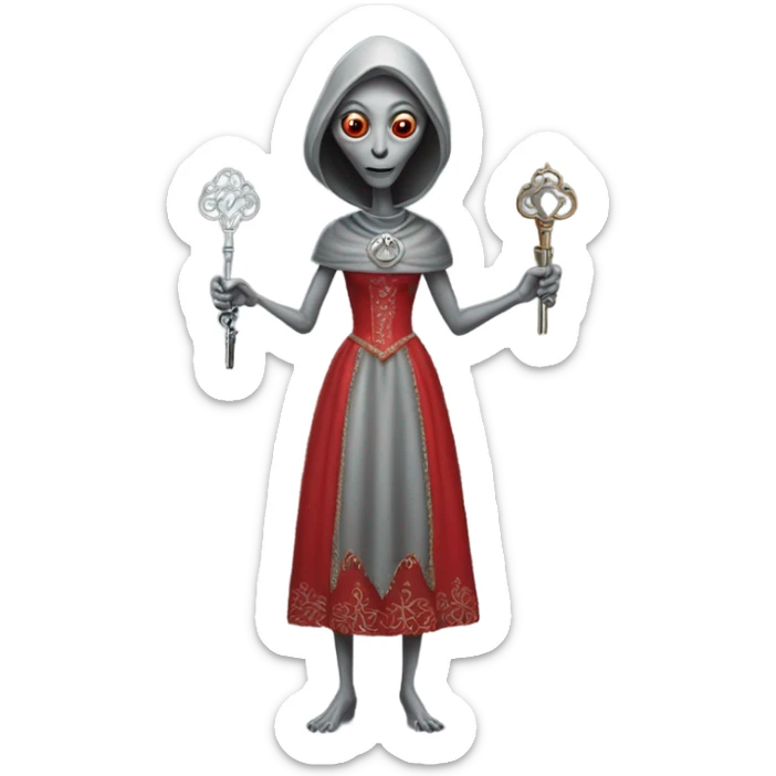 a gray alien woman, full body, in red Romanov dress, holding big keys sticker