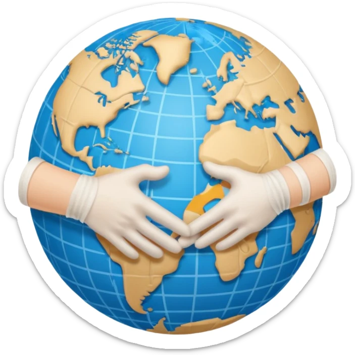 Generate an emoji of two hands shaking in front of a globe. Have the global have a bandage wrapped around it. sticker