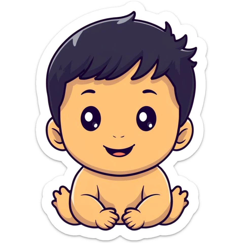 Smiling baby boy face with big eyes, medium skin tone, and black hair sticker