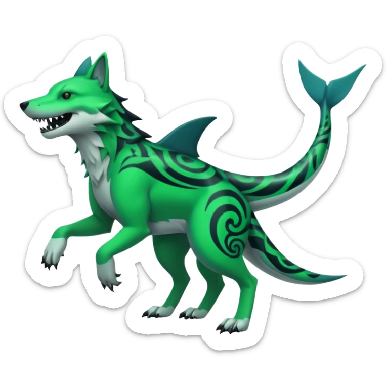 Edgy cool badass Neon-green landhai-sergal-wolf-canine, with a shark tail, with black and dark-green swirly patterns markings sticker