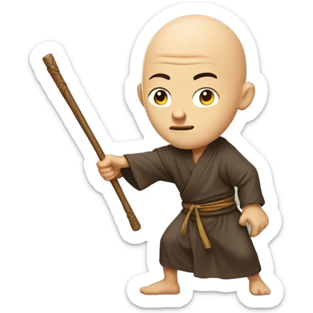 An illustration of a bald monk in traditional robes, mid-action, wielding a wooden staff. He strikes with precision, showing focus and strength, in a cartoon-like style sticker