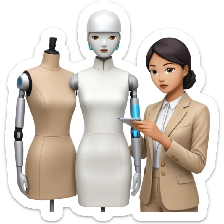 asian female clothing designer, designing futuristic clothing on a headless mannequin sticker