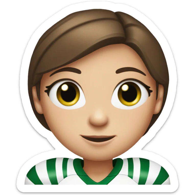 white girl wit dark brown hair in ponytail, green eyes, wearing  football jersey and holding a football.  sticker