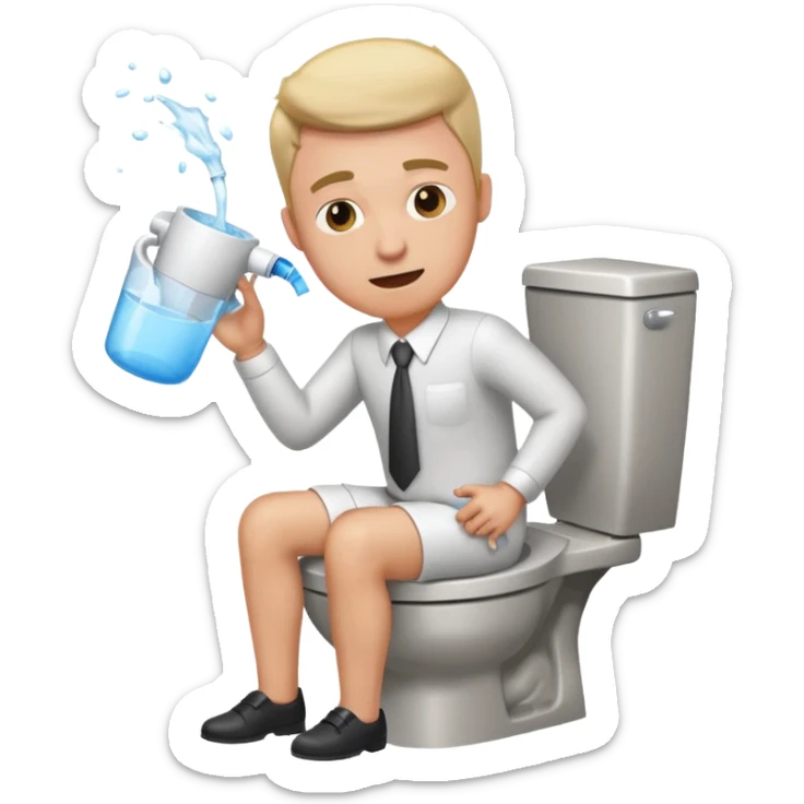 office man taking a toilet and pouring toilet water on himself, expressive and humorous sticker