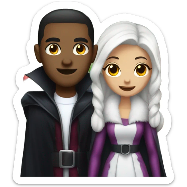 a male vampire next to his lightskin girlfriend in front of a christmas tree sticker