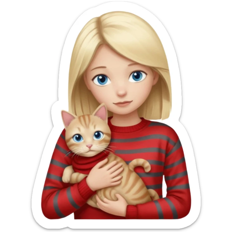 Blonde girl with blue eyes in red sweater cuddling with light grey tabby cat with dark grey stripes sticker