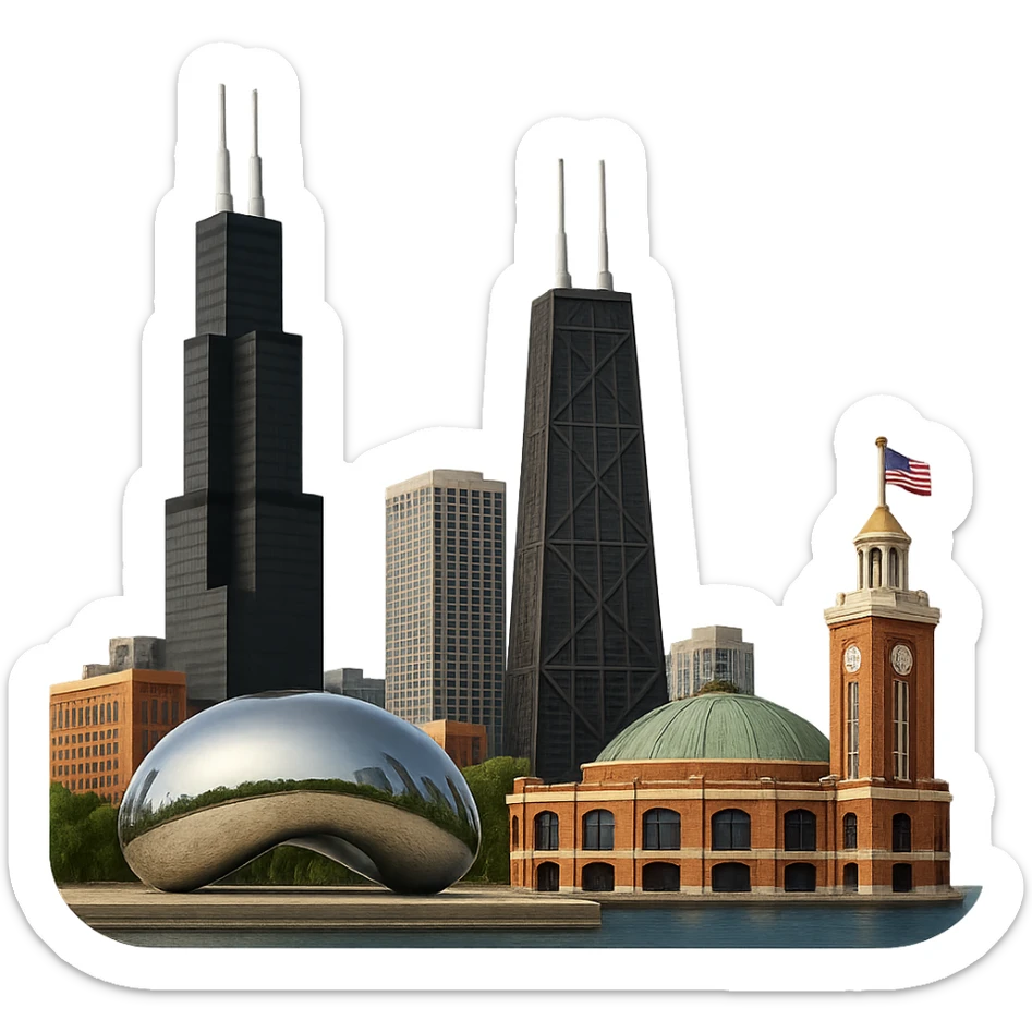cinematic, realistic emoji of Chicago, wide city view featuring only real, iconic landmarks including Willis Tower, John Hancock Center, Navy Pier, and Cloud Gate (the Bean), lifelike detail, accurate colors, bright daytime lighting, fully transparent background, no sky, no clouds, no imaginary or generic buildings sticker