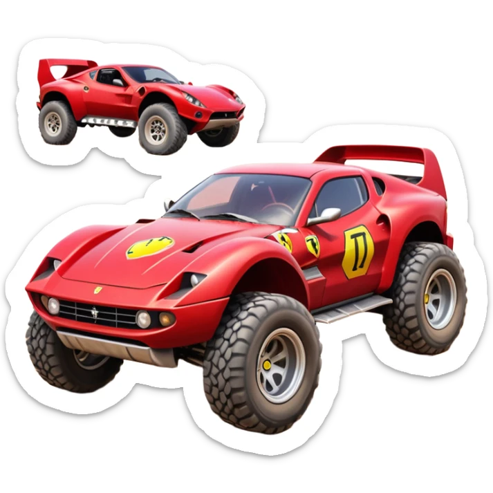 Satan’s and Barbie’s Ferrari -colored Dirty and dented Local Motors Rally Fighter off road race car hot rod trophy truck-style basher flying on a dusty road (silver wheels) sticker
