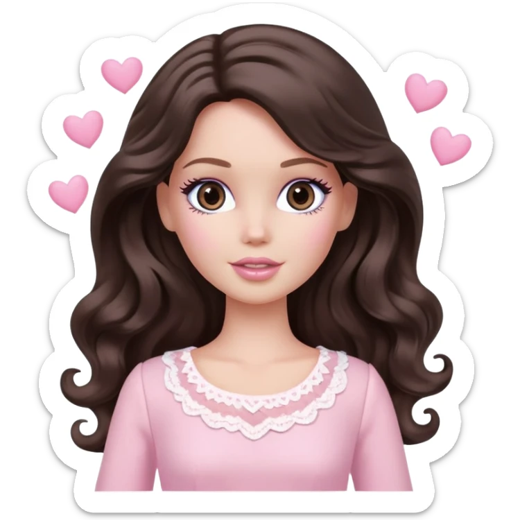 A white Barbie girl with long dark brown wavy hair in pale pink clothes have pale pink hearts instead of eyes sticker