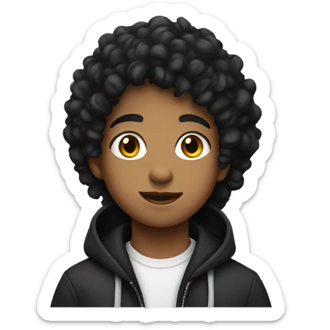 A teen with curly black hair that’s mixed and has a black hoodie sticker
