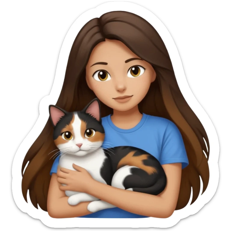 Brunette woman with long hair wearing a tshirt affectionately snuggling black brown and white calico cat sticker