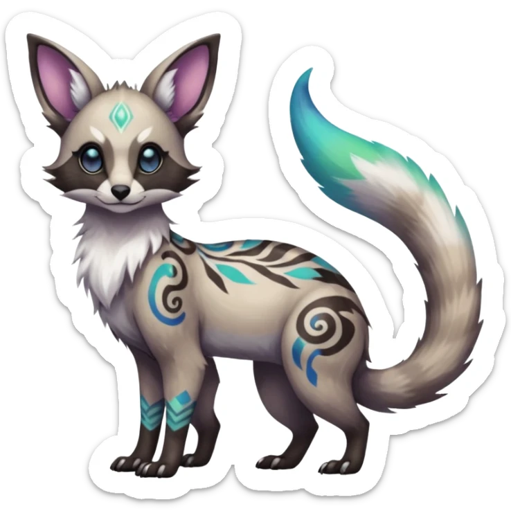 Rare iridescent white exotic epic aesthetic colorful Trico-Eevee-Genet-Civet-species-Fakemon-hybrid-creature, with intricate tattoo markings, full body sticker