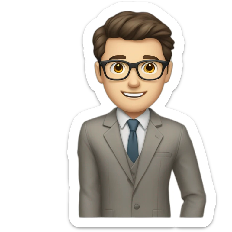 Pale skinned fit man with dark brown hair in gray jacket, beige office shirt, brown tie, brown pants and vintage glasses Writing on the marker board sticker