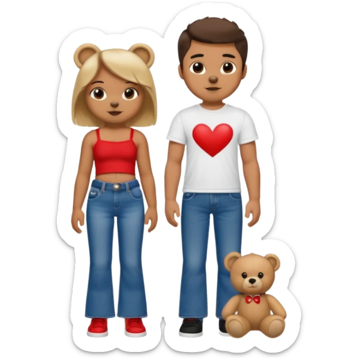A boy and a girl teddy bear for the boy bear put on true religion shirt and jeans with black shoes and for the girl put flare jeans and a red tube top and white shoes just bears not the humans  sticker