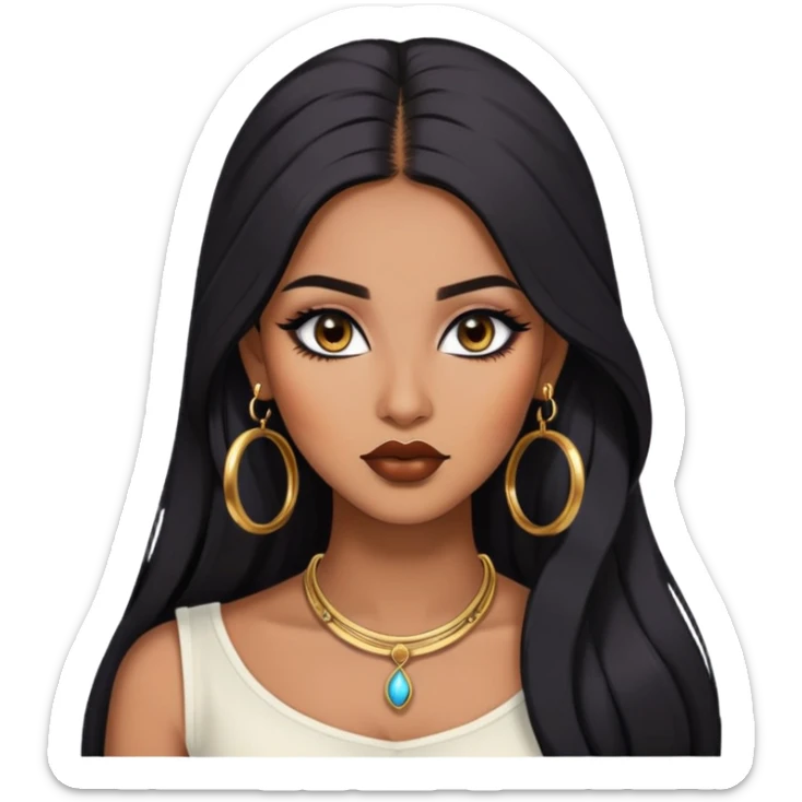 indian girl, brown skin, long black voluminous hair, brown underneath colored hair, baddie,pretty, makeup, lipliner, black eyeliner, gold hoop earrings, white top sticker
