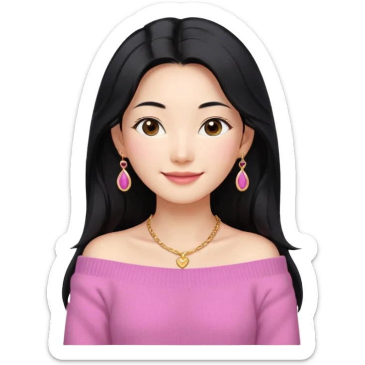 South Korean girl in her mid-thirties with long black hair with a middle part. She is wearing a pink, off the shoulder long sleeve knit sweater, extra small gold earrings and a gold necklace. She has brown eyes with narrow, mono lid shape and smiling with lips together sticker