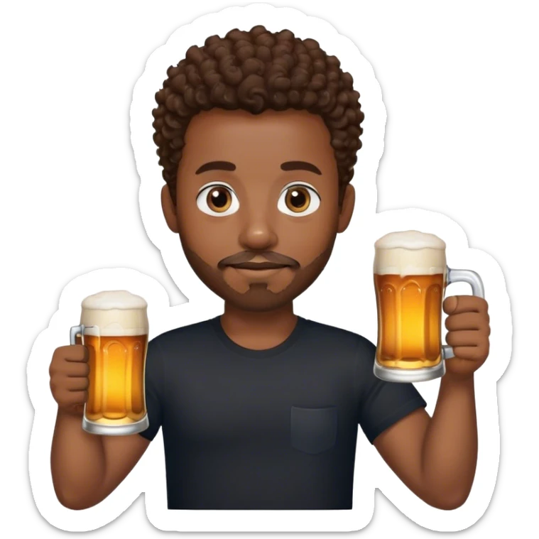 black man with short brown curly hair and blue eyes facial hair black shirt holding a beer sticker