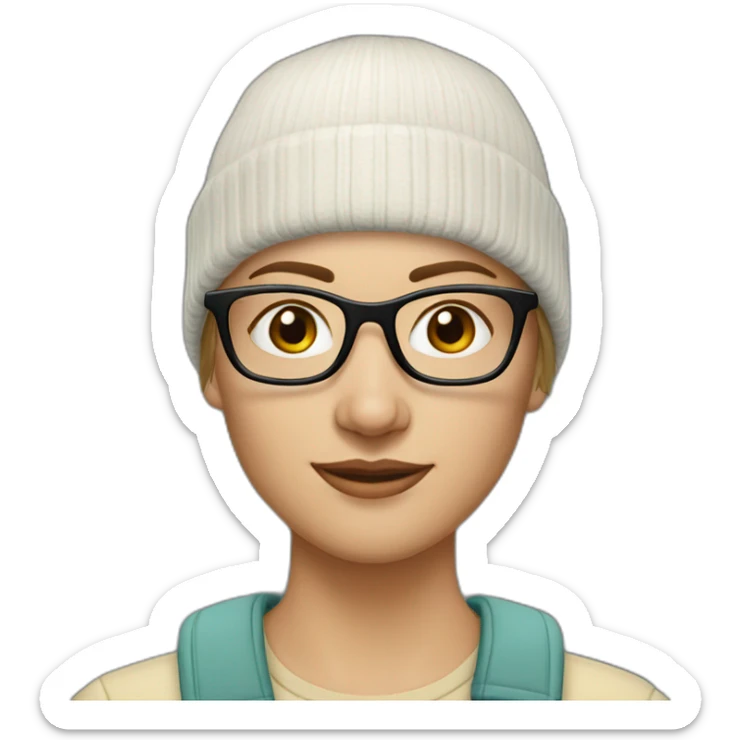 30 year old white woman short straight light brown hair with a beanie on her heard and glasses sticker