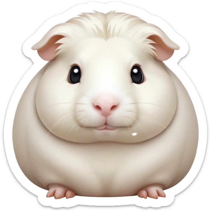 Cinematic Noble White Guinea Pig Portrait Emoji, Poised and regal, with a compact, chubby build and a pristine, well-groomed pure white coat, deep-set soulful dark eyes, Simplified yet sharp and sophisticated features, highly detailed, glowing with a soft, dignified glow, high shine, intelligent and sweet, stylized with an air of gentle purity, focused and attentive, soft glowing outline, capturing the essence of a watchful and confident little companion, so majestic it feels as though it could scurry out of the screen with effortless authority! sticker