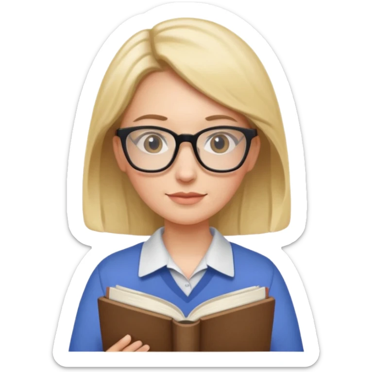 female English teacher with glasses and wearing a shirt, holding an English book sticker