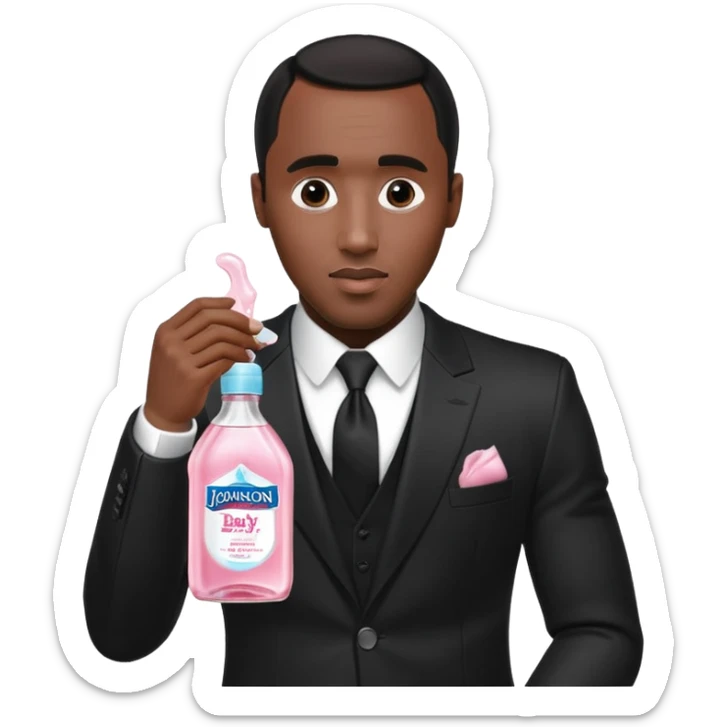 A realistic product shot of a transparent bottle of Johnson’s Baby Oil by Johnson & Johnson, featuring a soft pink label. The oil inside is crystal clear and glossy. Sean "Diddy" Combs in black suit is holding the bottle sticker