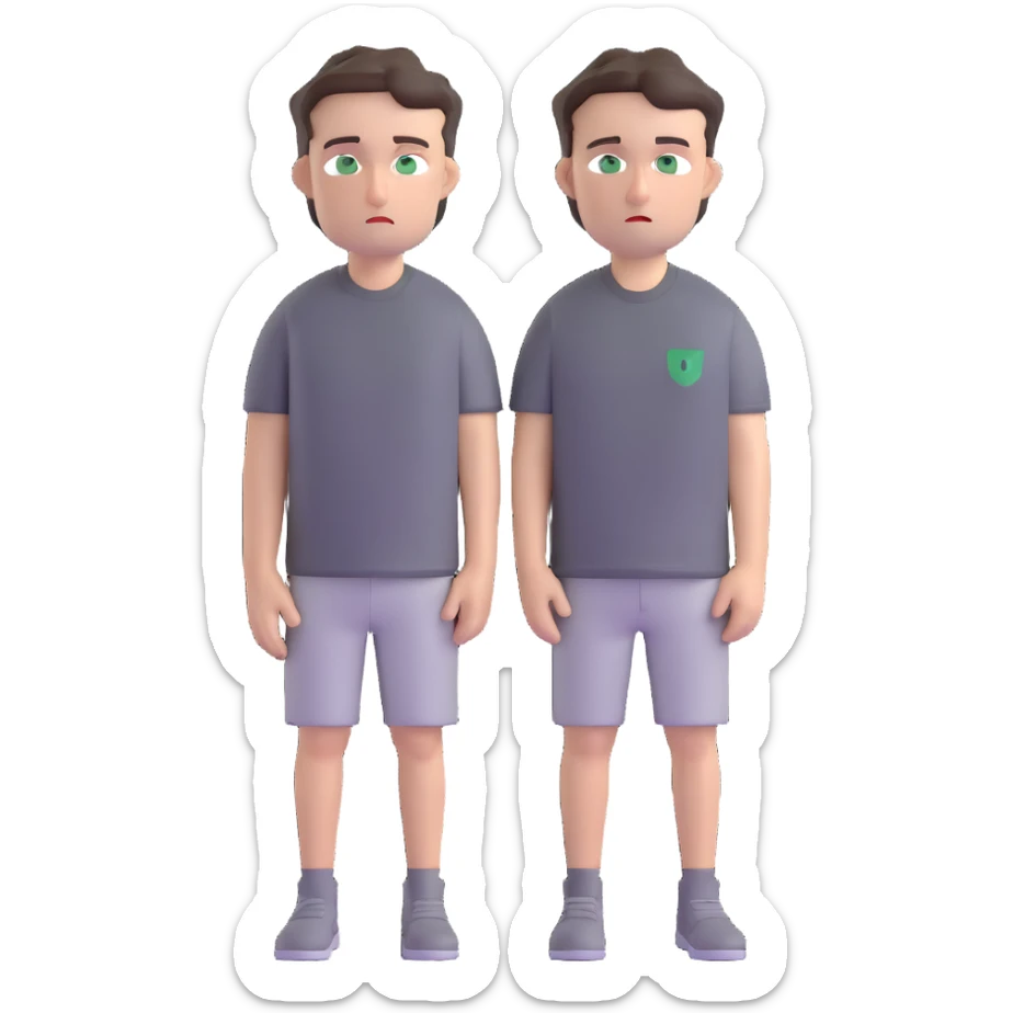 white man with dark messy short hair, dark green eyes, wearing a gray t-shirt sticker