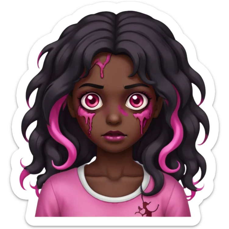 Garota zumbi, cabelo preto grande ondulado, apenas uma mecha rosa no lado esquerdo  sticker
